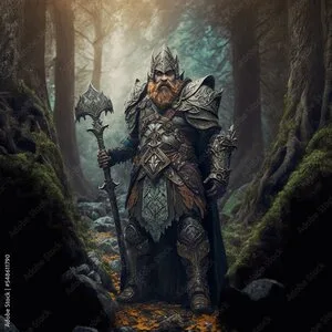 dwarf named Thurin standing in a forest with armor