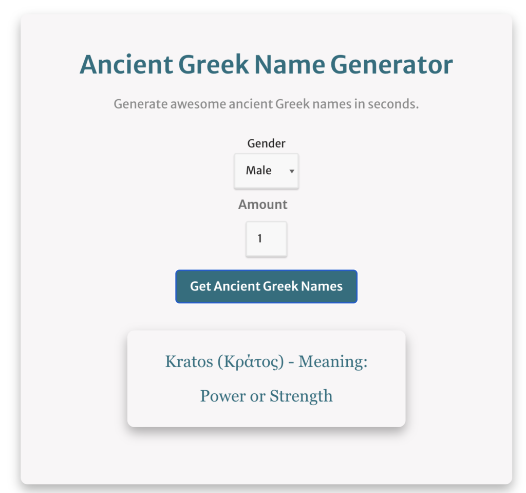 screenshot showing how to use the ancient greek name generator, with an ancient greek name displayed and its meaning