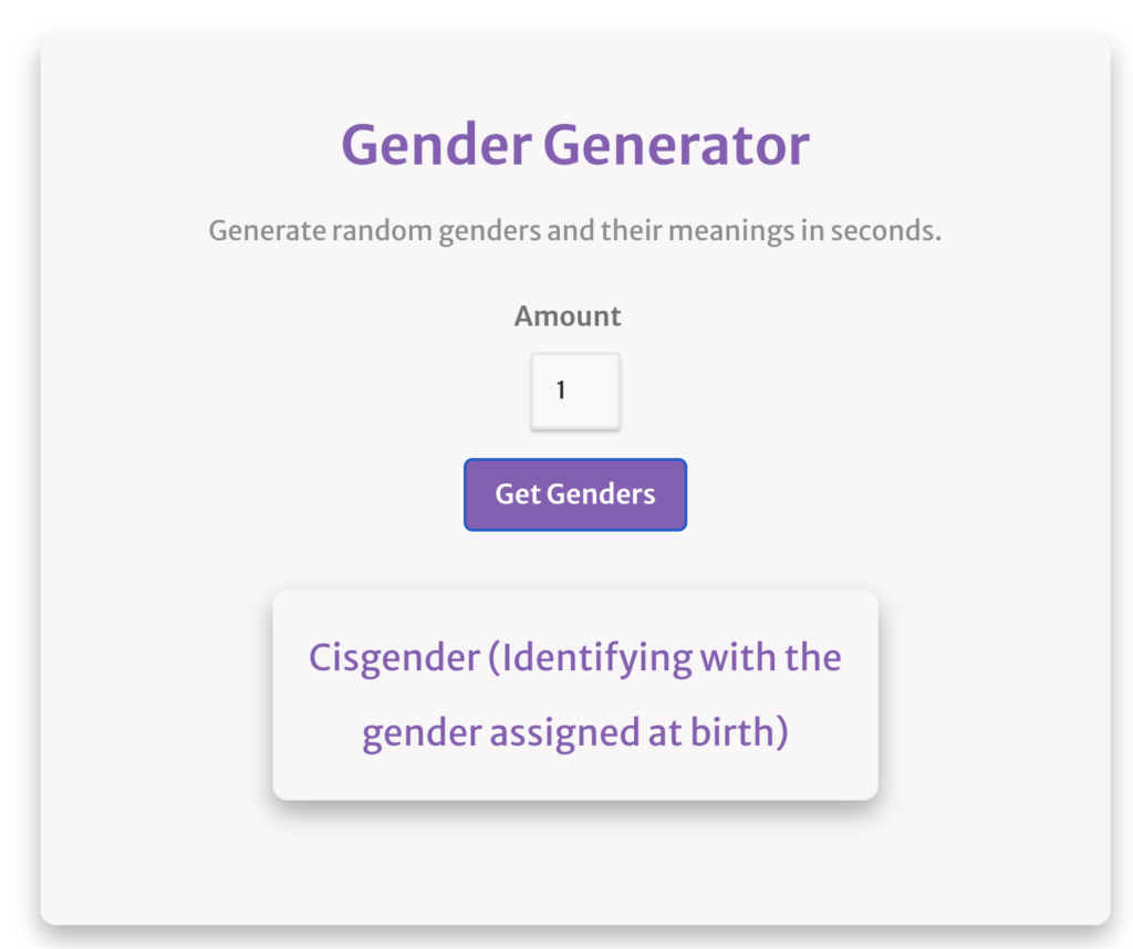screenshot of using the gender generator