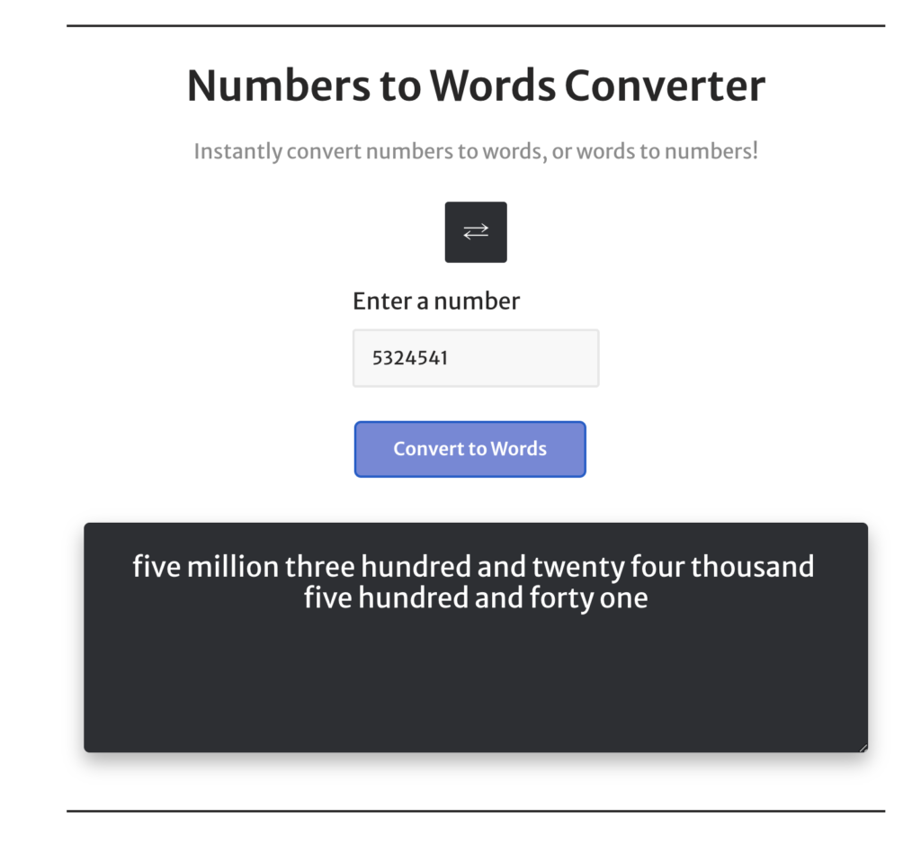 screenshot showing how to use the number to words converter 