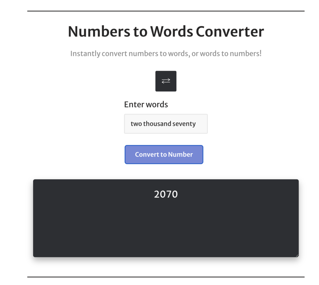 example showing the words to number functionality converting two thousand seventy to 2070