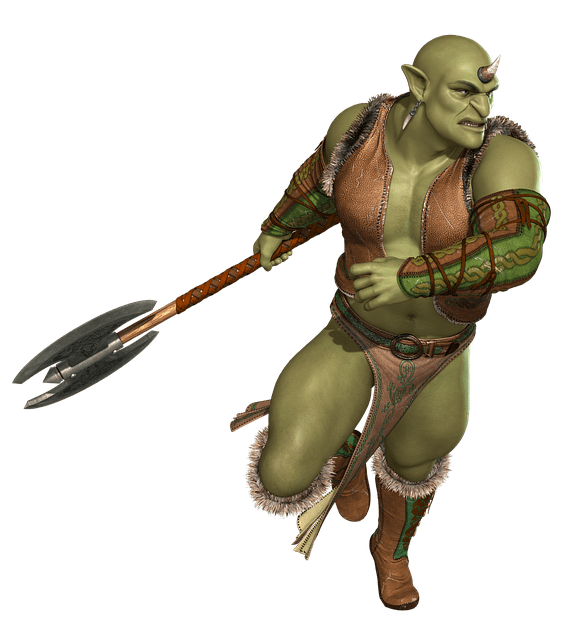 Green Orc with a horn using an axe and wearing fur boots