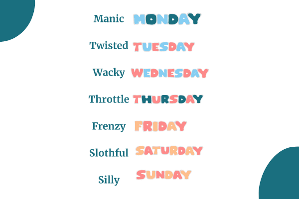 Funny names for days of the week infographic with many names