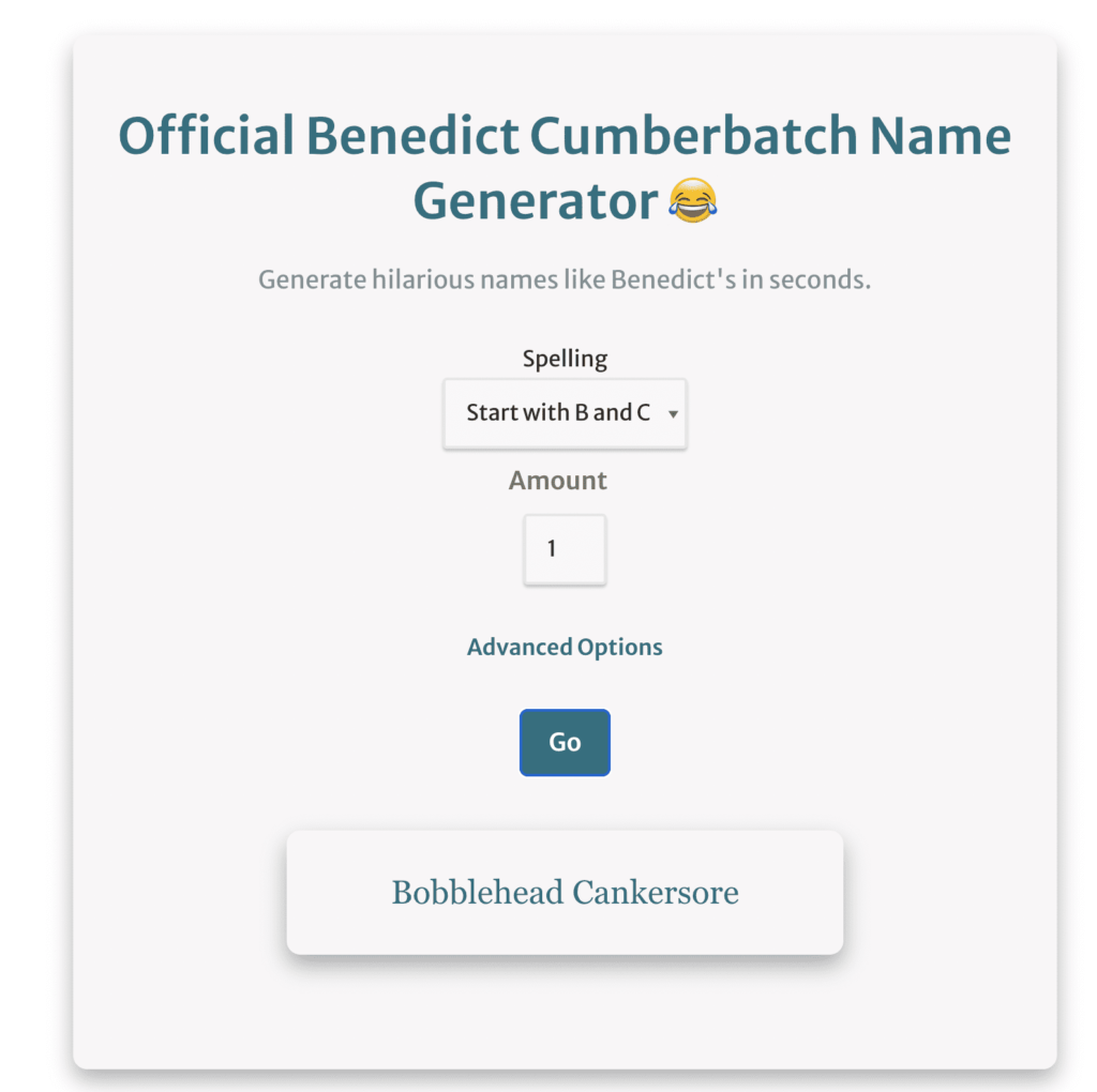 Screenshot of the benedict cumberbatch name generator