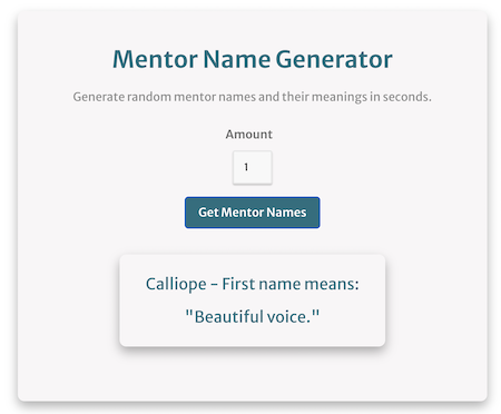 mentor name generator screenshot with a sample name