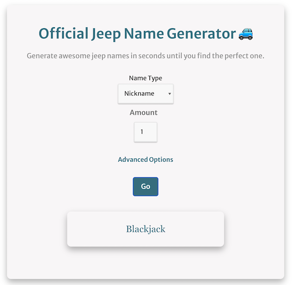how to use the jeep name generator screenshot with a jeep name of blackjack