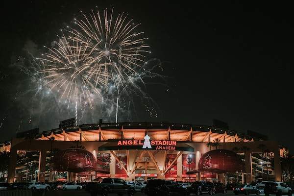 fireworks coming out of the MLB team Angels Stadium 