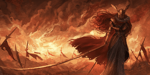 elder ring illustration with flames and a swordsman