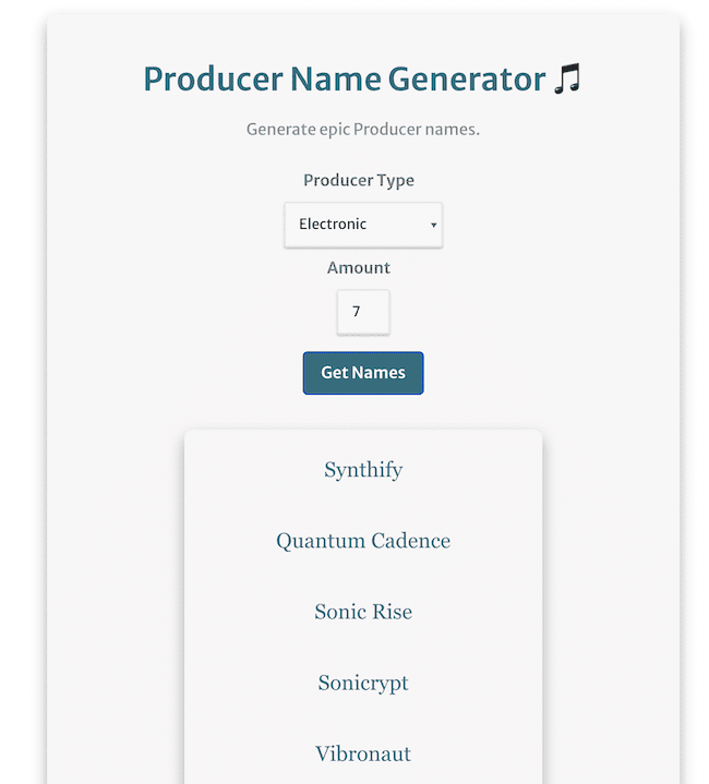 screenshot of the producer name generator with 7 example electronic music producer names 