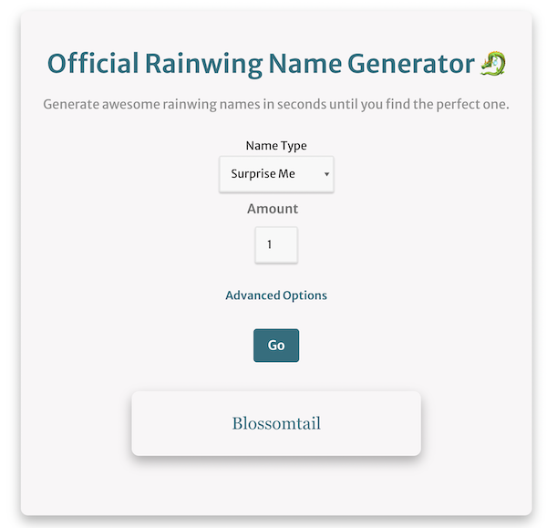 screenshot of the RainWing name generator with example rainwing names generated