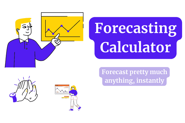 forecasting calculator thumbnail with an illustration of a man pointing to a chart and two drawn hands clapping