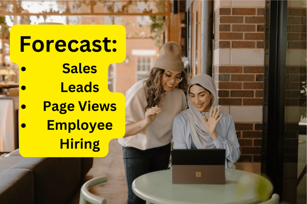 two women business partners looking at a computer with the words forecast sales leads page views employee hiring