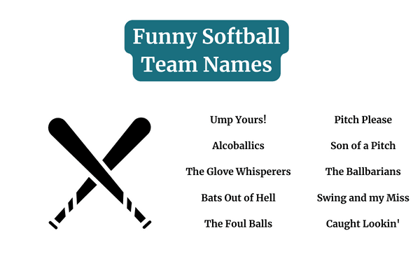funny softball team names infographic with 10 funny softball team names and a softball bat