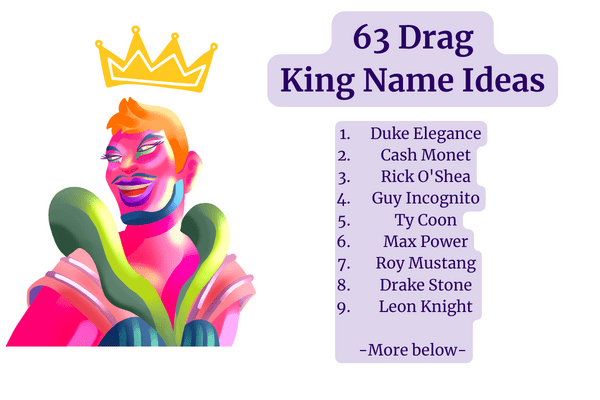 63 drag king name ideas infographic with a drag king illustration and name ideas