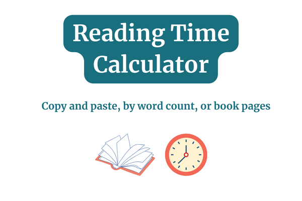 reading time calculator infographic with illustrations of a book and a clock 