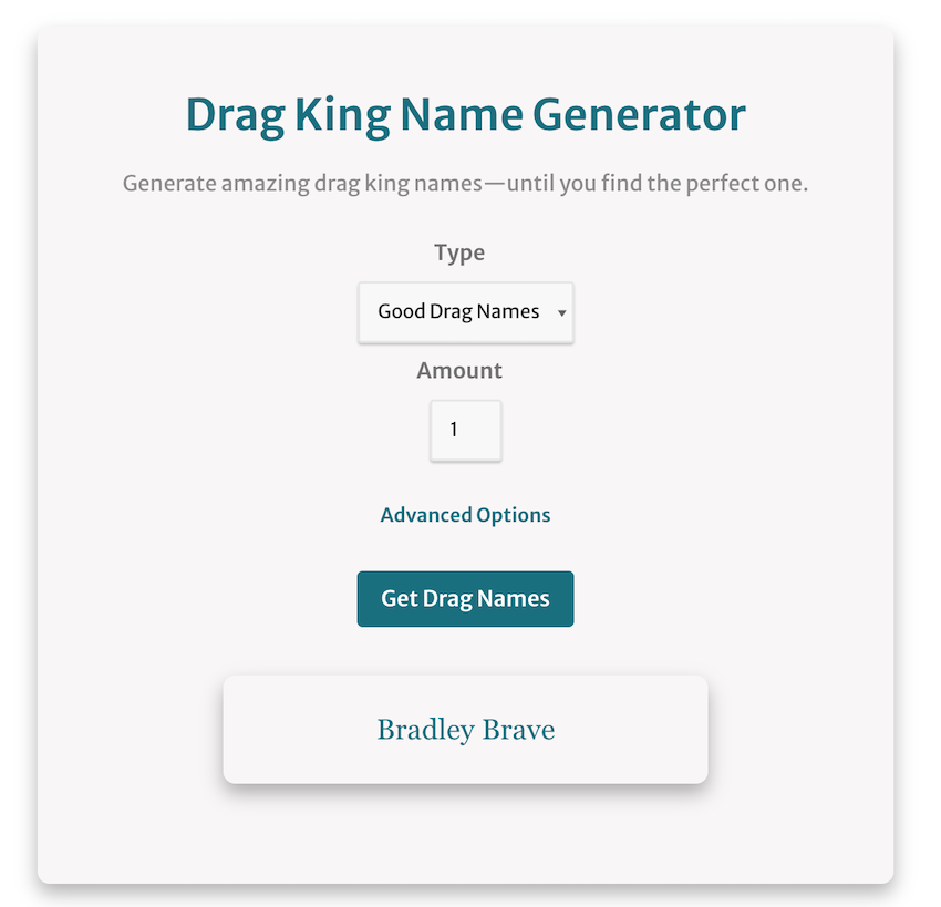 drag king names generator screenshot showing great drag king name ideas and examples
