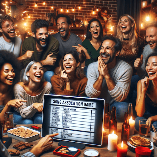 people laughing and having fun at a party playing the song association game