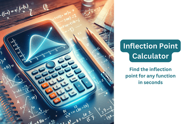 inflection point calculator thumbnail with an image of a calculator displaying a graph with an inflection point and pencils on a desk and math equations in the background
