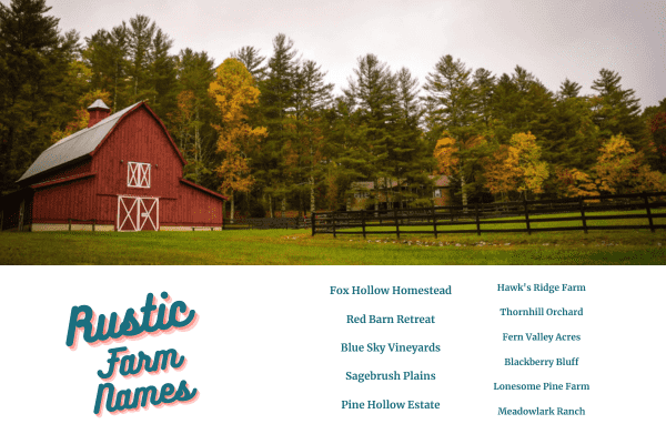 17 rustic farm names from the farm name generator with a rustic barn and trees 