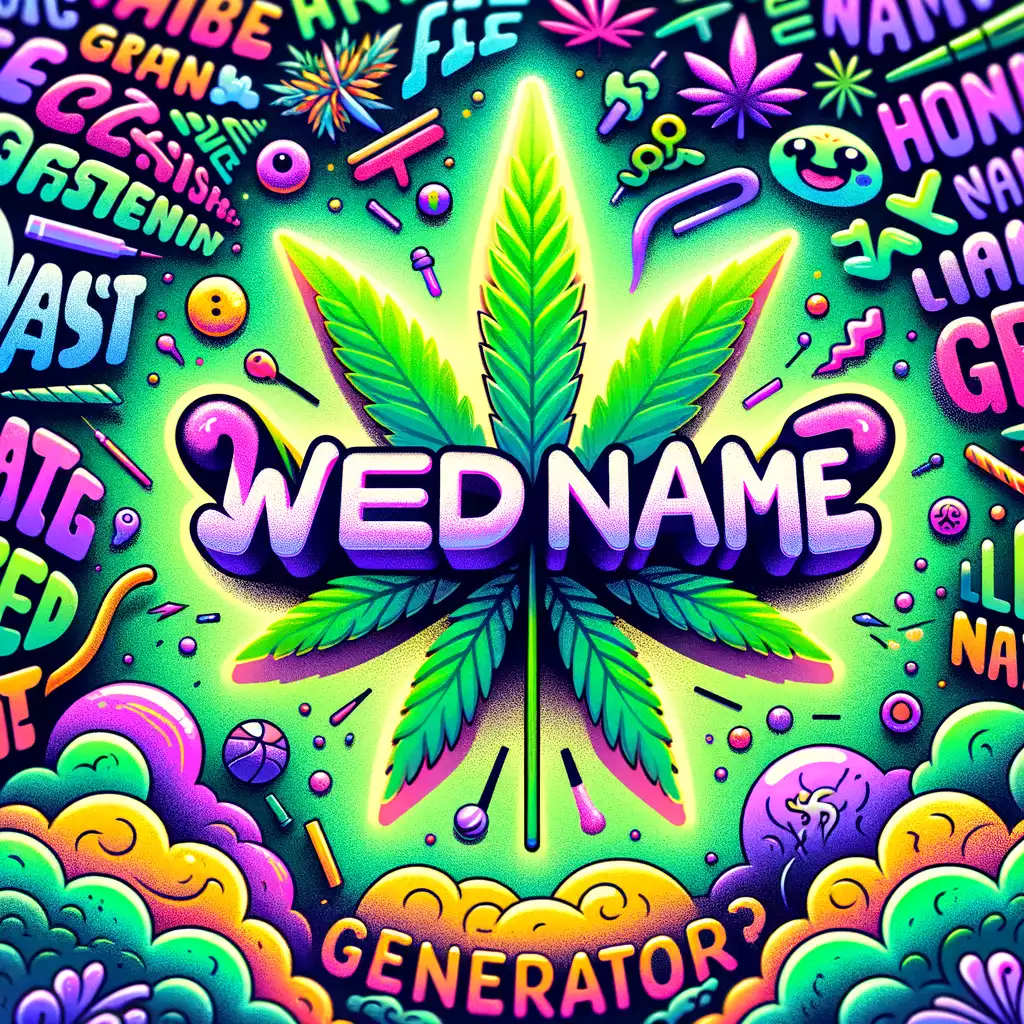 Weed name generator thumbnail with a cannabis leave illustration and colorful colors and strain names around the edges